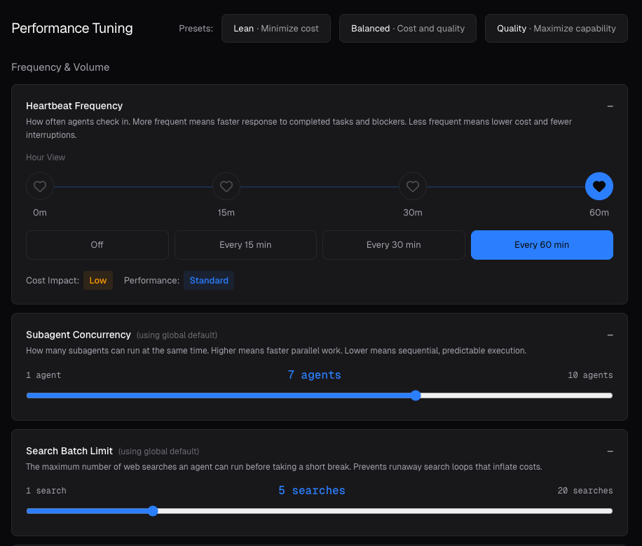 Performance Tuning panel with sliders and controls