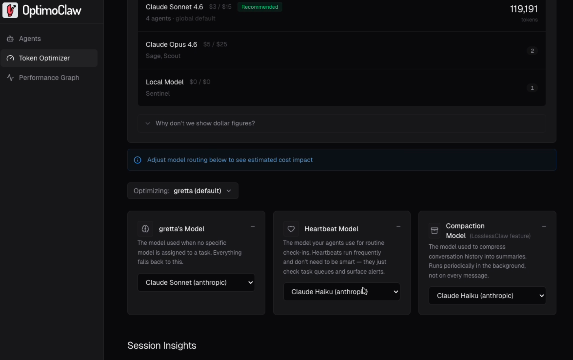 Token Optimizer panel showing model routing and config levers